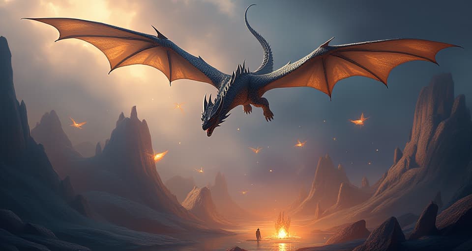  a powerful dragon soaring above a mystical landscape filled with glowing runes and ancient traps that lie dormant. scale shimmer, bright runes, serene triumph.. the style is digital art illustration,highly detailed, whimsical,magical, dreamlike atmosphere, realism and fantasy blend, smooth, glossy textures,luminous quality, wonder and enchantment.