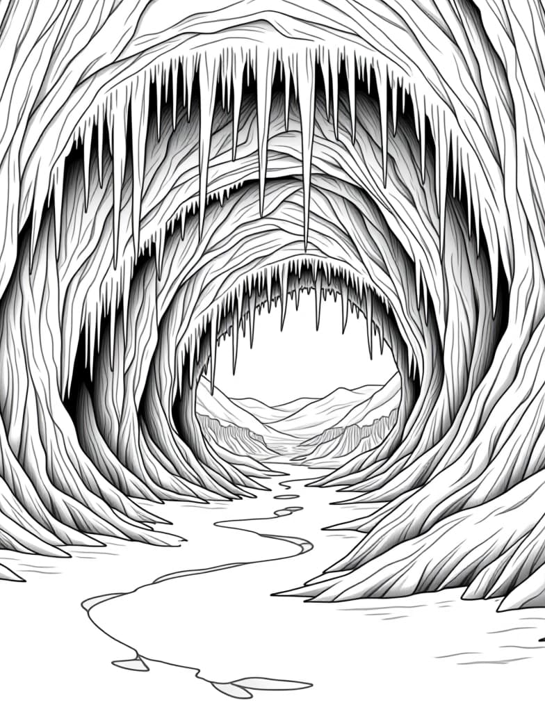  this is for an adult coloring page. a detailed black and white line art of a snowy ice cave with icicles hanging from the ceiling on a solid white background.