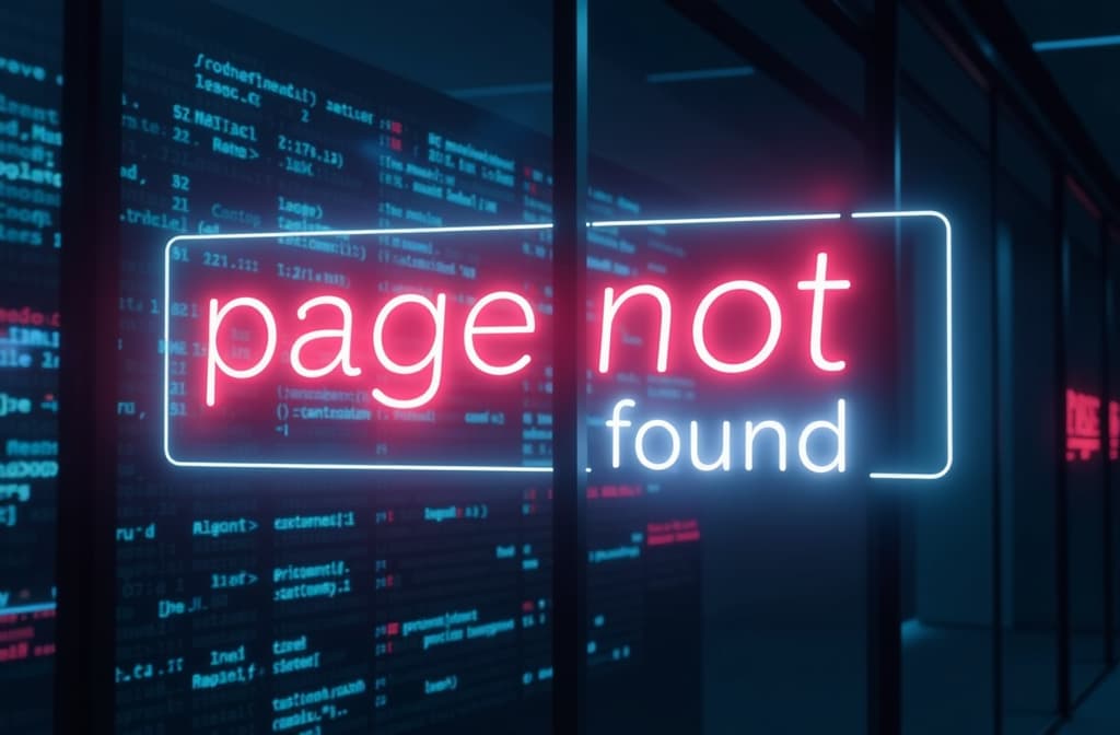  white sign with glowing neon text "page not found" over blurred digital background ar 3:2 {prompt}, maximum details