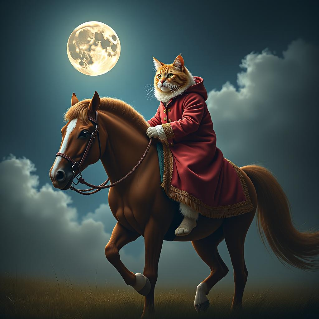  a cat riding a horse, oil painting, on the moon, studio light, hdr 4k hyperrealistic, full body, detailed clothing, highly detailed, cinematic lighting, stunningly beautiful, intricate, sharp focus, f/1. 8, 85mm, (centered image composition), (professionally color graded), ((bright soft diffused light)), volumetric fog, trending on instagram, trending on tumblr, HDR 4K, 8K