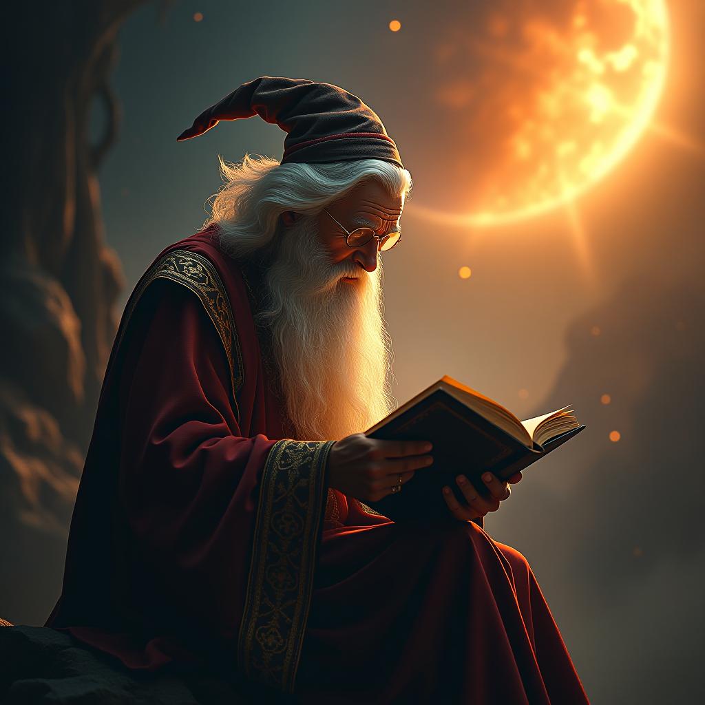  a wizard reading a book, oil painting, in outer space, sunset light, hdr 4k hyperrealistic, full body, detailed clothing, highly detailed, cinematic lighting, stunningly beautiful, intricate, sharp focus, f/1. 8, 85mm, (centered image composition), (professionally color graded), ((bright soft diffused light)), volumetric fog, trending on instagram, trending on tumblr, HDR 4K, 8K