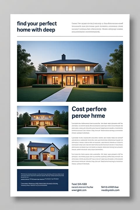  design a real estate flyer for 'deep': size: a4 or letter size. layout: two column layout with ample white space for a clean look. headline: 'find your perfect home with deep' at the top in bold font. images: include high quality images of featured properties, ideally 3 4 images in a grid format. text: briefly describe each property, including key features and pricing. add a short company description at the bottom with contact details. color scheme: use the brand colors—deep blue, white, and gold—throughout the flyer, with accents to highlight important information. call to action: 'contact us today' with phone number and website link in bold at the bottom. hyperrealistic, full body, detailed clothing, highly detailed, cinematic lighting, stunningly beautiful, intricate, sharp focus, f/1. 8, 85mm, (centered image composition), (professionally color graded), ((bright soft diffused light)), volumetric fog, trending on instagram, trending on tumblr, HDR 4K, 8K