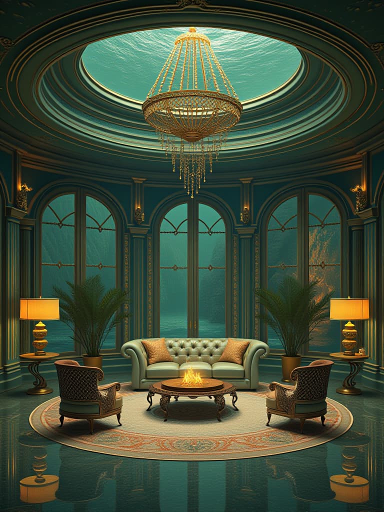  a luxurious mermaid mansion living room in the deep sea. the house is round li and big metallic green and gold ver shiny .