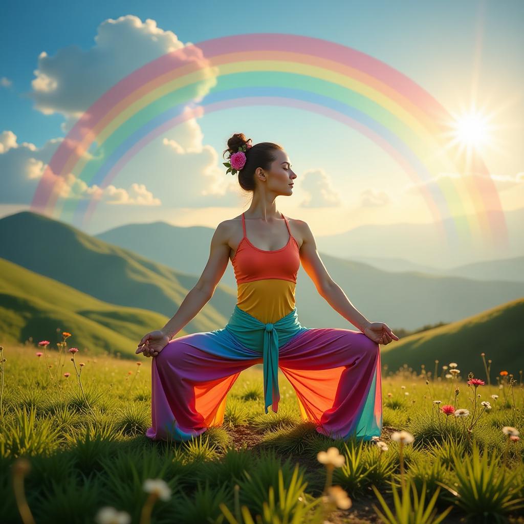  foreground: a serene yogi in a vibrant, flowing rainbow colored yoga outfit, gracefully posed in the warrior ii stance. her hair is adorned with colorful flowers and her eyes are closed in deep meditation. the air around her is filled with subtle, shimmering rainbow mist that reflects the hues of her attire. background: a breathtaking landscape of rolling hills and lush green meadows under a clear sky painted with an expansive, vibrant rainbow that stretches from one horizon to the other. the sun shines gently, casting golden rays that illuminate the scene, creating a harmonious blend of nature and color.