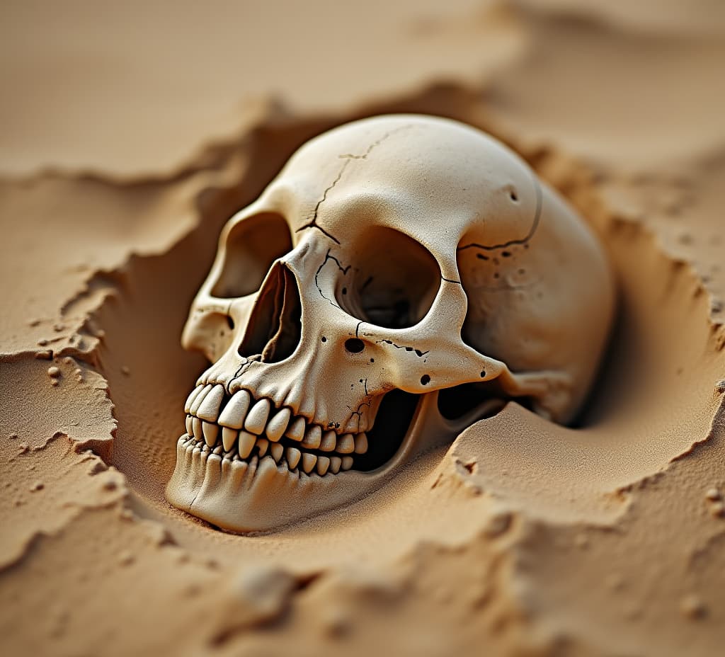  fossilised skull in ancient dunes: archaeological desert, unearthed skull, textures of time, historical perspective, earthy tones