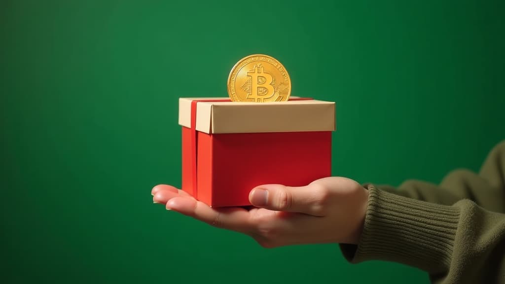  banner a hand giving a box with a bitcoin symbol on the lid, as if the person is giving cryptocurrency for christmas.festive green background, lot of place on a left . {prompt}, maximum details