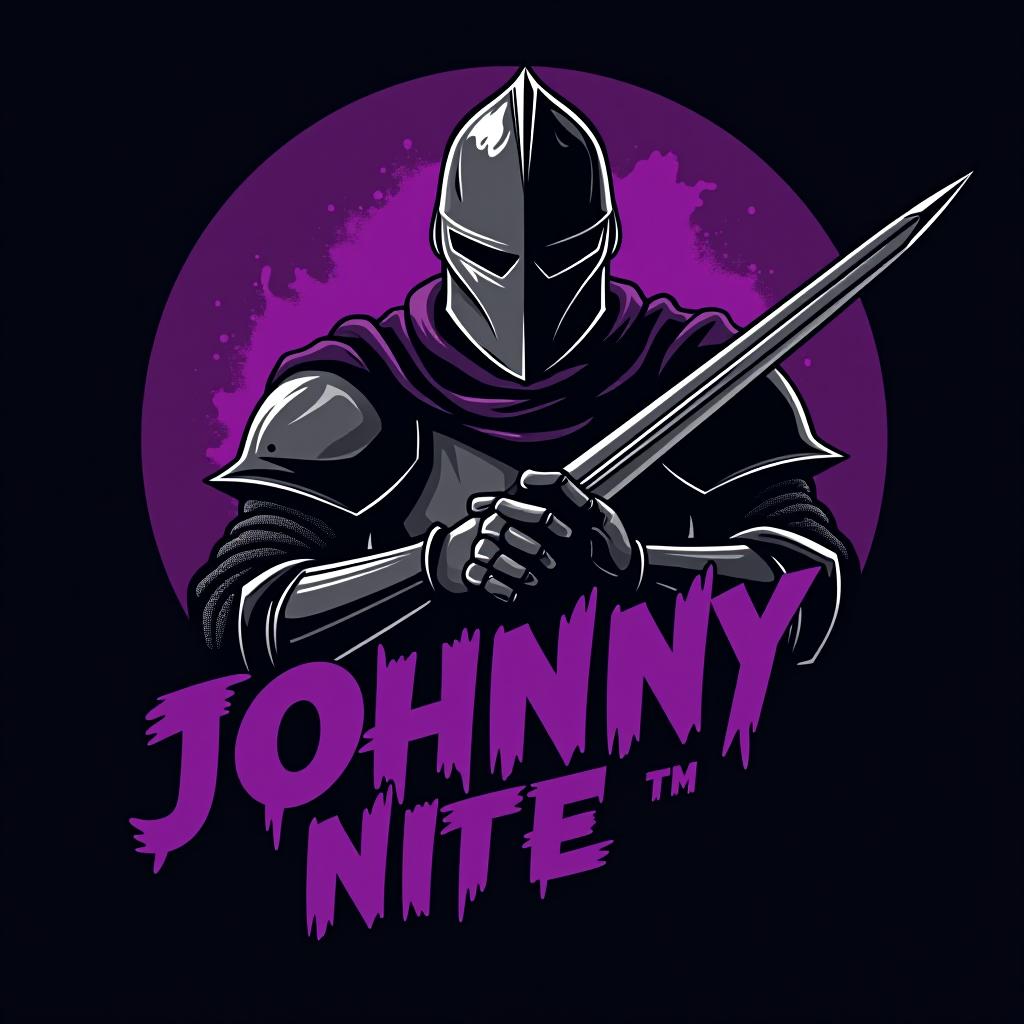  design a logo, in a realism style. knight black and purple graffiti, with the text 'johnny nite '.