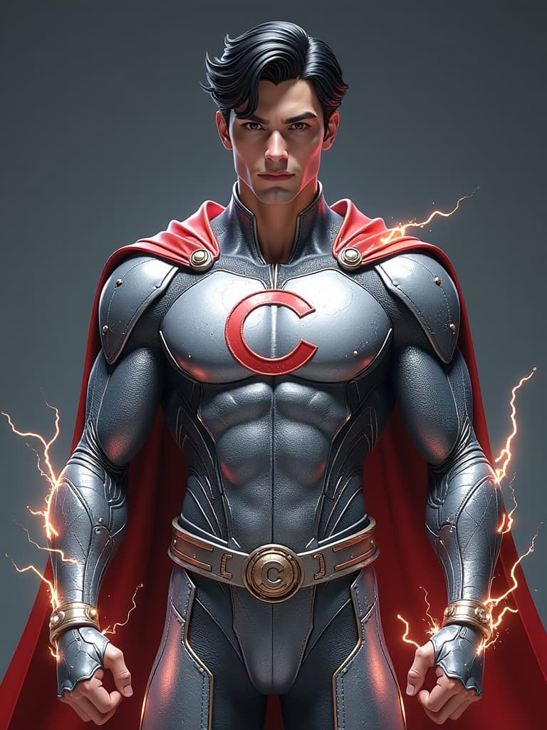  full body photorealistic handsome hunky young cb slender futuristic male hero with black hair wearing a silver micro scale textured costume and,red leather cape, with embossed " c b " on the chest,,and wristbands that manipulate energy , his body is covered with lightning bursting energy,, face front camera focus . in 3d, disney cartoon style