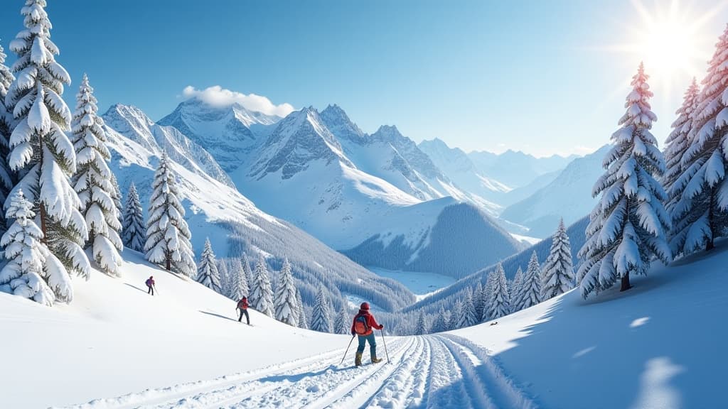  prompt: create a hyper realistic image showcasing a stunning alpine landscape in the alps. the composition should depict a seamless transition from a snow covered terrain on thursday to a sunny and clear landscape on friday. include skiers, hikers, and nature lovers enjoying the varied weather conditions. ensure the image is filled with vibrant colors, dramatic lighting, and ultra detailed elements such as fresh powder snow, snow covered peaks, clear skies, and bright sunshine. incorporate brand