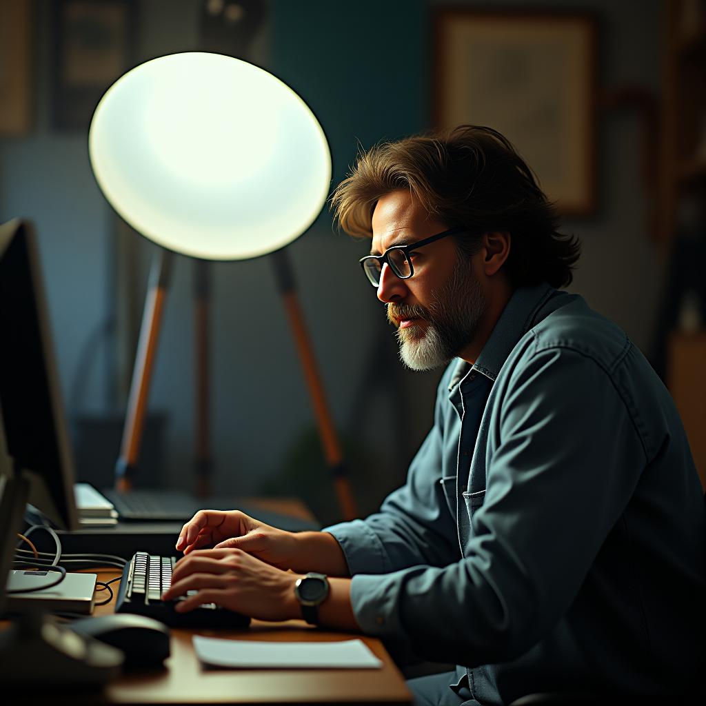  create a high quality, photorealistic image that vividly depicts the following scene: unedited, highly detailed shot (steve, a college dropout unkempt beard, spectacles, and worn out jeans); thoughtful expression, an intense gaze fixed on a clunky computer prototype. ambient, soft lighting casting long, determined shadows in a cluttered garage backdrop, vintage tech gadgets and blueprint sprawled over a makeshift desk. grainy texture, symbolic of the late 70s era. shot on a canon eos r3, nikon glass, f/1.2, iso 100, 50mm. resolution 8k, ultra hd; portrays a mood of profound dedication and humble beginnings. the image should: focus on the specific actions, emotions, and elements described in the scene show detailed fa hyperrealistic, full body, detailed clothing, highly detailed, cinematic lighting, stunningly beautiful, intricate, sharp focus, f/1. 8, 85mm, (centered image composition), (professionally color graded), ((bright soft diffused light)), volumetric fog, trending on instagram, trending on tumblr, HDR 4K, 8K