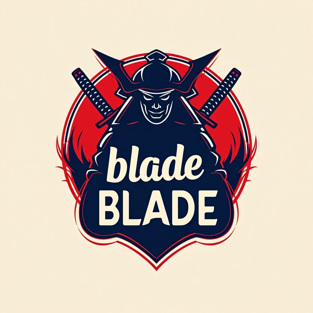  design a logo, emblem logo, with the written text ‘blade’, samurai theme, red and blue.