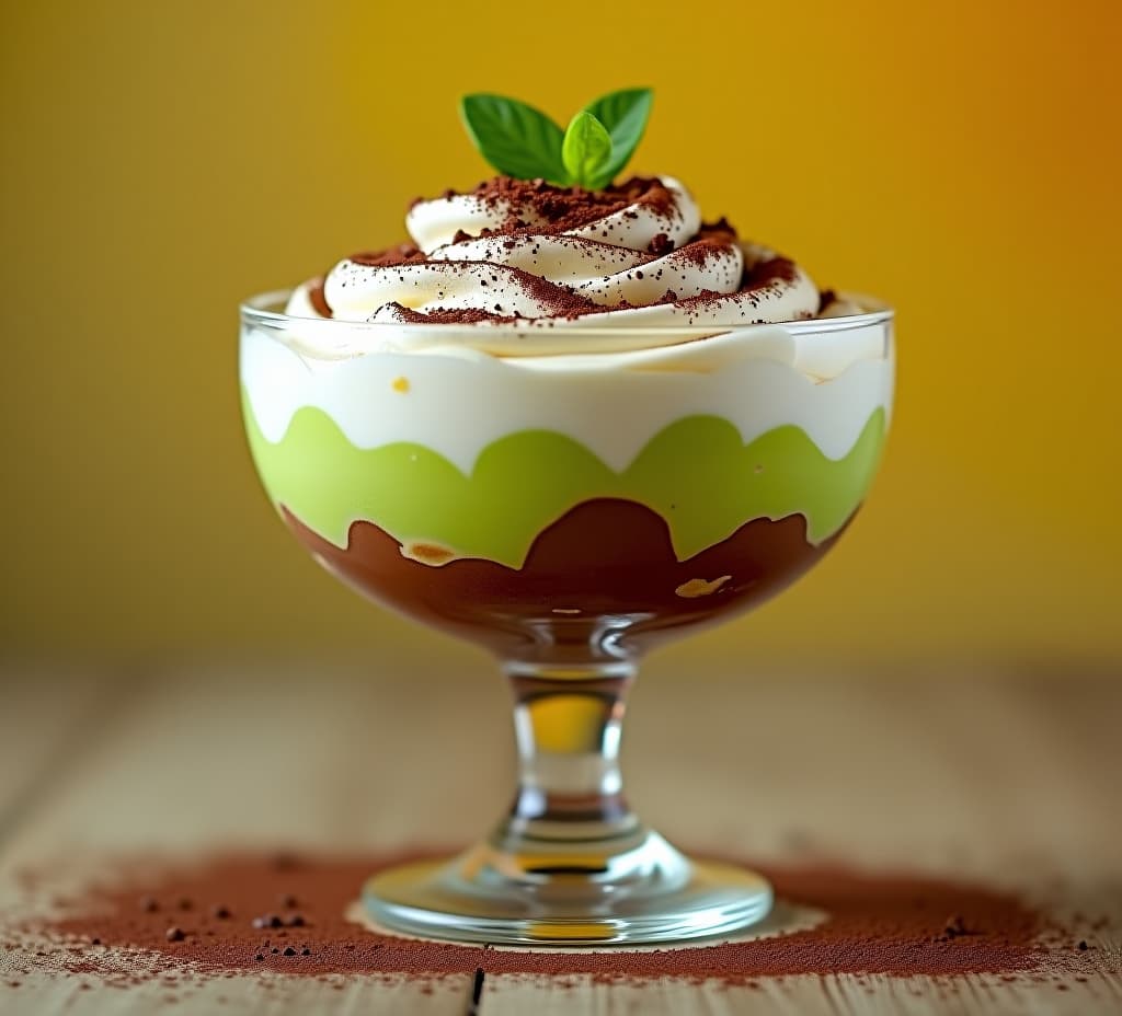  trifle with fresh whipped with chocalate green and yellow background