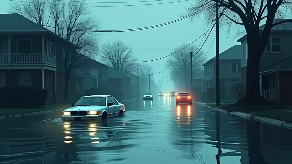  submerged streets with cars and buildings underwater, capturing the impact of a flood, realism, cool tones, digital painting