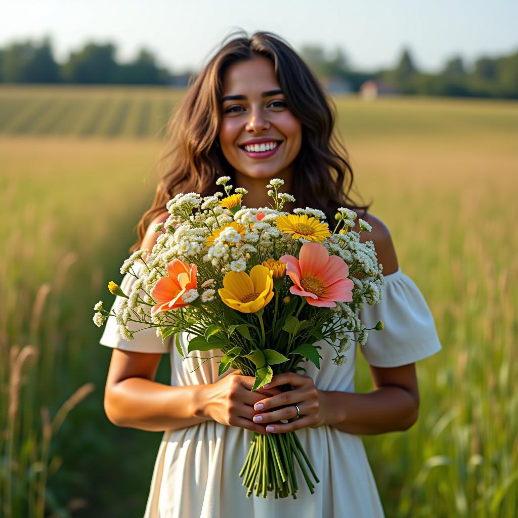  i am with a bouquet of flowers in the field.