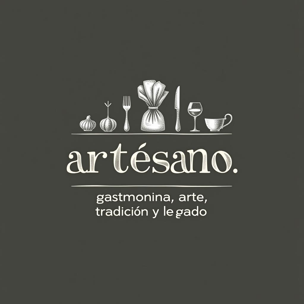  design a logo, in a pencil style. nombré de la marca “artesano” fondo con tonos claros, diseño elegante y simple con elementos de gastronomía y reposteria , with the text 'gastronomía, arte, tradición y legado'.