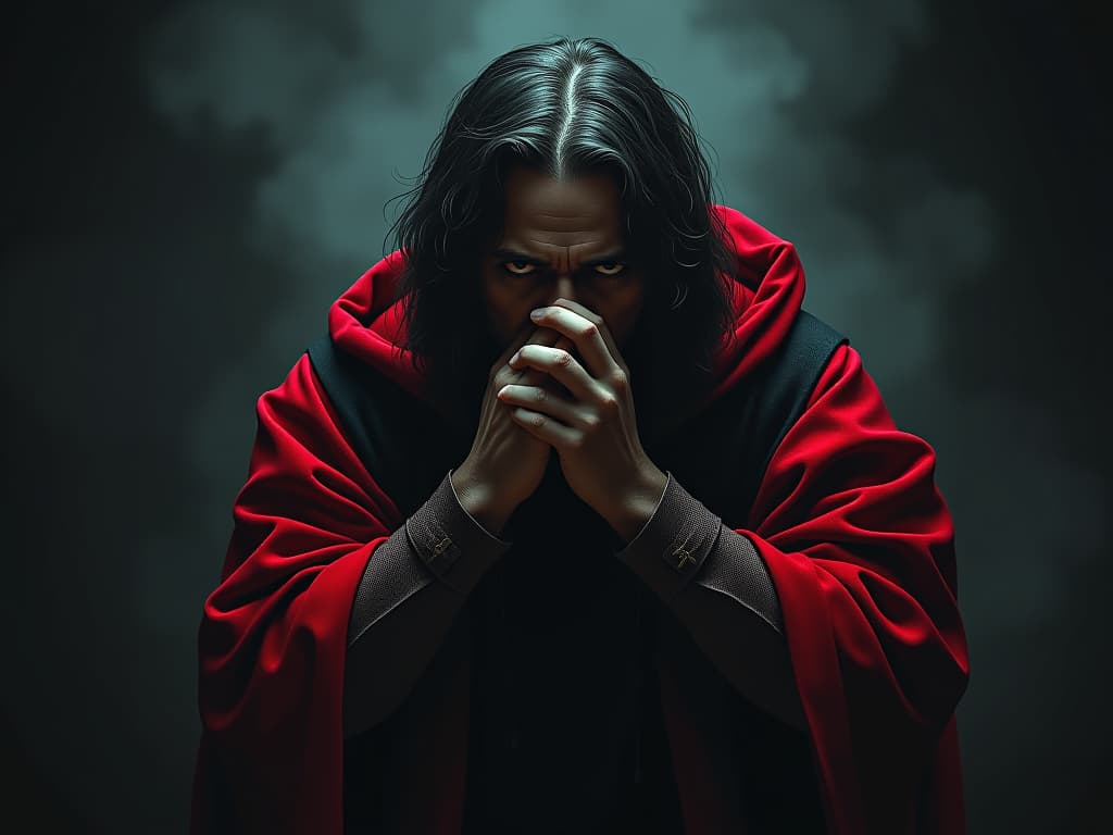  peter in biblical robes, hand over mouth, dark surroundings, expression of terror, betrayal, nocturnal setting, remorse. the style is dark fantasy and mysterious occult, symbolic, moody lighting, esoteric vibe,high detail on character design. for the color scheme emphasize blacks and reds.