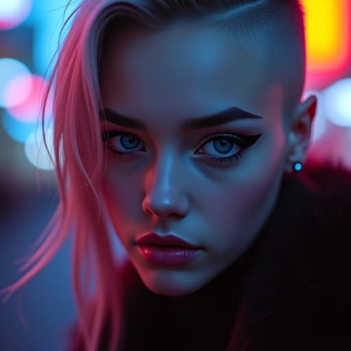  ultra realistic close up portrait ((beautiful pale cyberpunk female with heavy black eyeliner)), blue eyes, shaved side haircut, hyper detail, cinematic lighting, magic neon, dark red city, canon eos r3, nikon, f/1.4, iso 200, 1/160s, 8k, raw, unedited, symmetrical balance, in frame, 8k hyperrealistic, full body, detailed clothing, highly detailed, cinematic lighting, stunningly beautiful, intricate, sharp focus, f/1. 8, 85mm, (centered image composition), (professionally color graded), ((bright soft diffused light)), volumetric fog, trending on instagram, trending on tumblr, HDR 4K, 8K