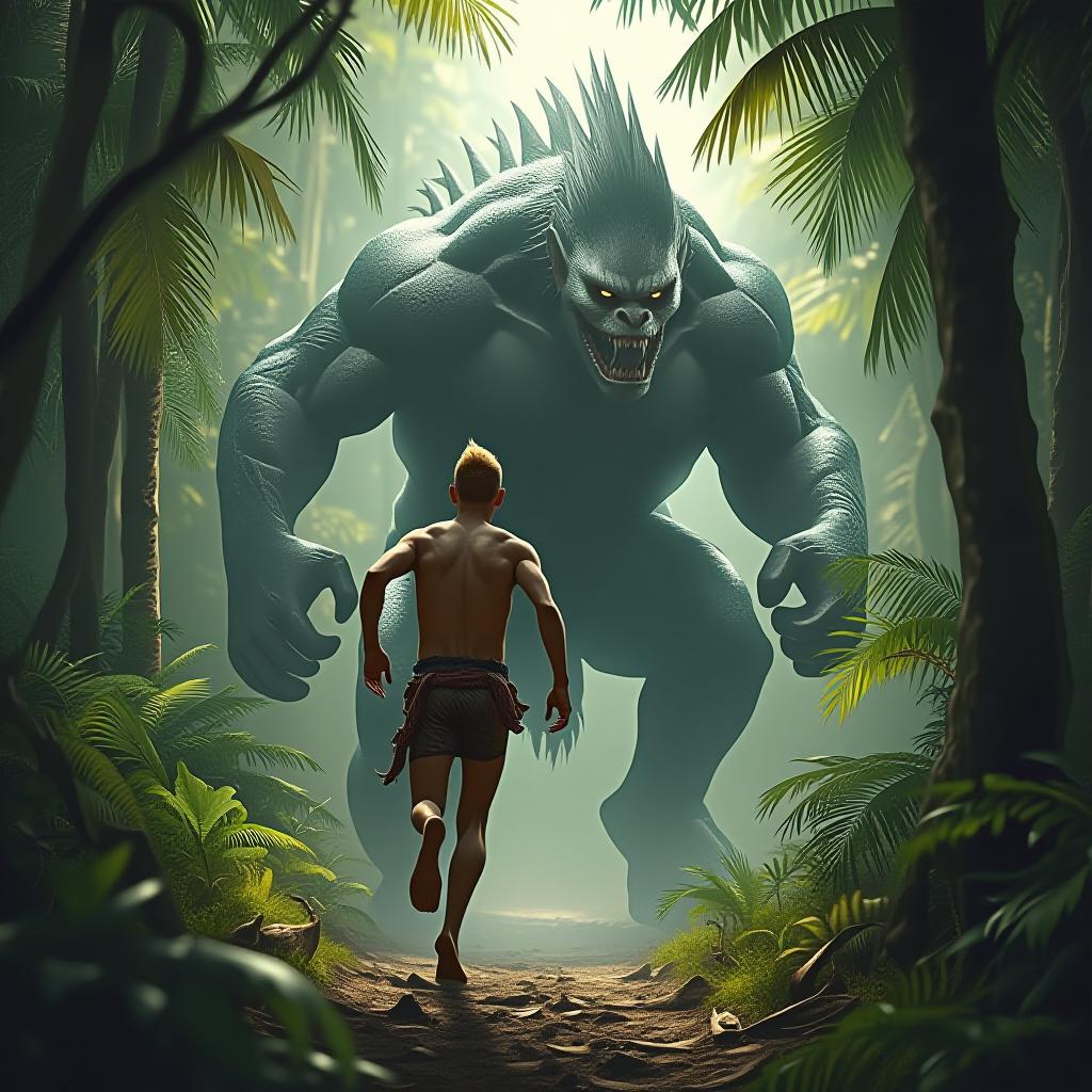  a naked, skinny man with a short haircut runs away in fear of a monster in the jungle