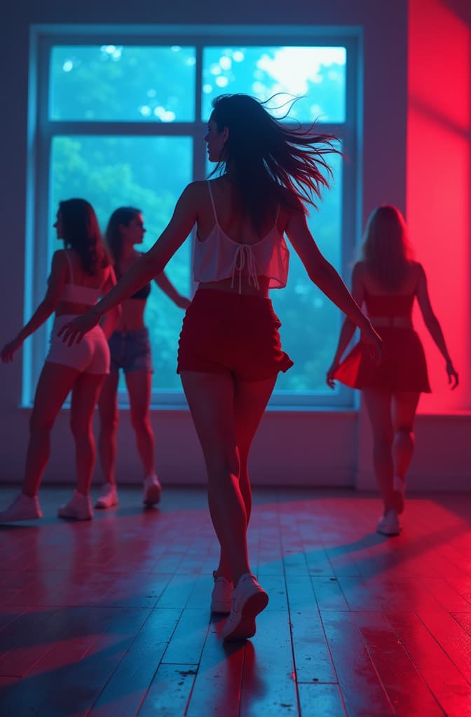  chicas jovenes bailando hip hop en una sala de danza donde la pared del fondo es una cristalera y detrás se un fondo con naturaleza. tiene que haber unas 5 chicas y los tonos de los colores tienen que ser cálidos principalmente rojo. felices y con mucha presencia y pasión por la danza , blue color, glam, power, glowing lights intricate, elegant, highly detailed, digital painting, artstation, concept art, smooth, sharp focus, illustration, art by artgerm and greg rutkowski and fra angelico and unreal engine 5 hyperrealistic, full body, detailed clothing, highly detailed, cinematic lighting, stunningly beautiful, intricate, sharp focus, f/1. 8, 85mm, (centered image composition), (professionally color graded), ((bright soft diffused light)), volumetric fog, trending on instagram, trending on tumblr, HDR 4K, 8K