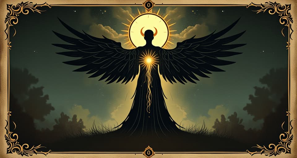  a glowing silhouette of a figure, divine elements merging within, inner divinity, revelation. an illustration in the style of a worn, mystical old tarot trump card, mysterious and elements of surrealism. the colors are muted, somber and eerie, but with contrast bring out an occult and esoteric vibe.