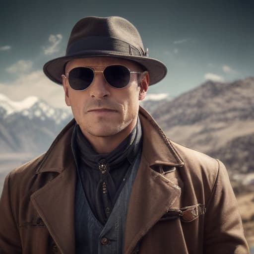 Reymond reddington with sunglasses in Steampunk style with Mountains background