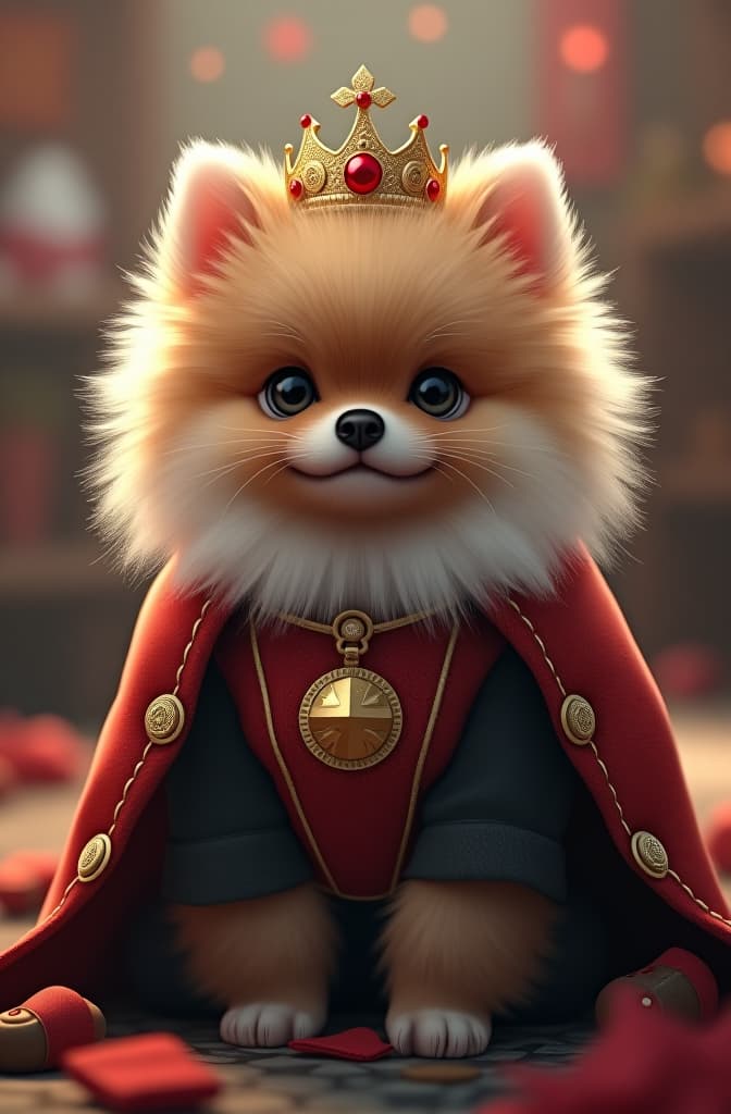  an anime pomeranian crown puppy cat hyperrealistic, full body, detailed clothing, highly detailed, cinematic lighting, stunningly beautiful, intricate, sharp focus, f/1. 8, 85mm, (centered image composition), (professionally color graded), ((bright soft diffused light)), volumetric fog, trending on instagram, trending on tumblr, HDR 4K, 8K