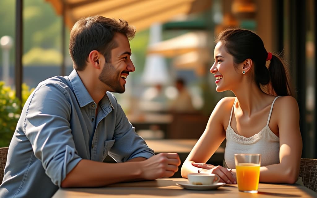  hdr photo of a smiling young man communicates with a smiling young woman sitting at a table in an outdoor cafe on a sunny summer day . high dynamic range, vivid, rich details, clear shadows and highlights, realistic, intense, enhanced contrast, highly detailed