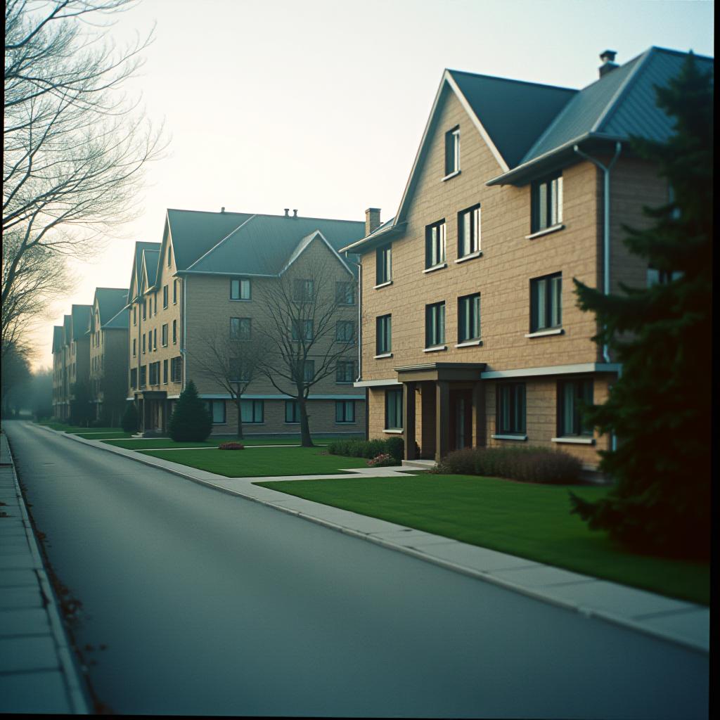  cinematic photo architecture. residential complex. two storey and three storey apartment buildings. a mixture of gothic styles and high tech. lawns, sidewalks, roadway . 35mm photograph, film, bokeh, professional, 4k, highly detailed