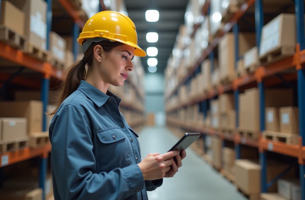  thinking, warehouse and woman on tablet for inspection, inventory and online stock. manufacturing, distribution and person on digital tech for logistics, maintenance and supply chain list in factory ar 3:2 {prompt}, maximum details