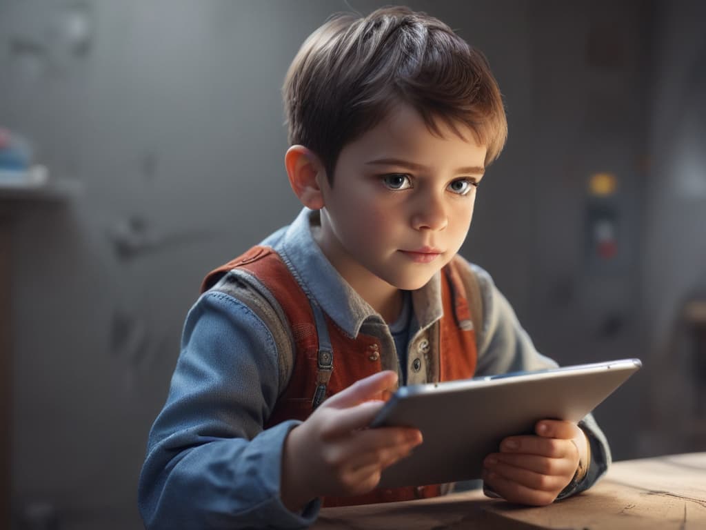 ultra realistic ((ultra realistic ((a child watching a tutorial video on a tablet with a curious expression)))) hyperrealistic, full body, detailed clothing, highly detailed, cinematic lighting, stunningly beautiful, intricate, sharp focus, f/1. 8, 85mm, (centered image composition), (professionally color graded), ((bright soft diffused light)), volumetric fog, trending on instagram, trending on tumblr, HDR 4K, 8K