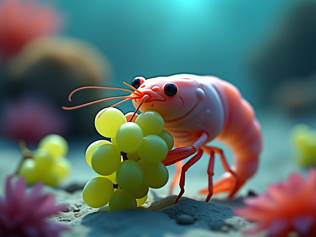  a colorless shrimp on the seabed smiles happily while eating green grapes. cartoon style. colorful. firooze hyperrealistic, full body, detailed clothing, highly detailed, cinematic lighting, stunningly beautiful, intricate, sharp focus, f/1. 8, 85mm, (centered image composition), (professionally color graded), ((bright soft diffused light)), volumetric fog, trending on instagram, trending on tumblr, HDR 4K, 8K