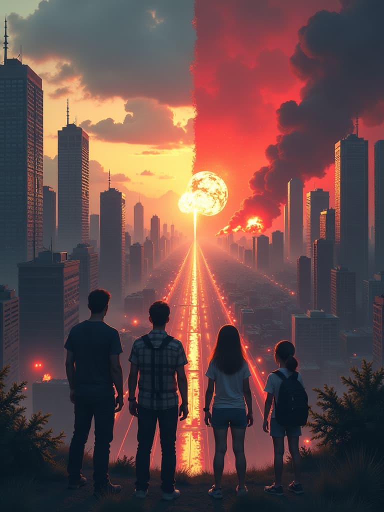  four characters (one guy in a black t shirt, one girl in a white shirt, one guy in a white plaid shirt and one girl with a backpack) stand with their backs to the viewer, looking into the distance at a huge, war torn city, at the explosions. the world is visually divided into two halves: on one side, pre war life is depicted with tall modern buildings and a peaceful sky; on the other, post war life with crumbling ruins, smoke and a dark red sky. the characters are located in the central lower part of the image, facing the horizon, where the two halves converge, which symbolizes the intersection of two realities. the city stretches far into the distance, emphasizing the enormous scale of destruction and survival. two men stand on the left an