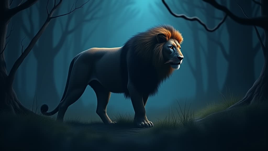  3d rendering a wild lion on the night forest isolated abstract dramatic background.