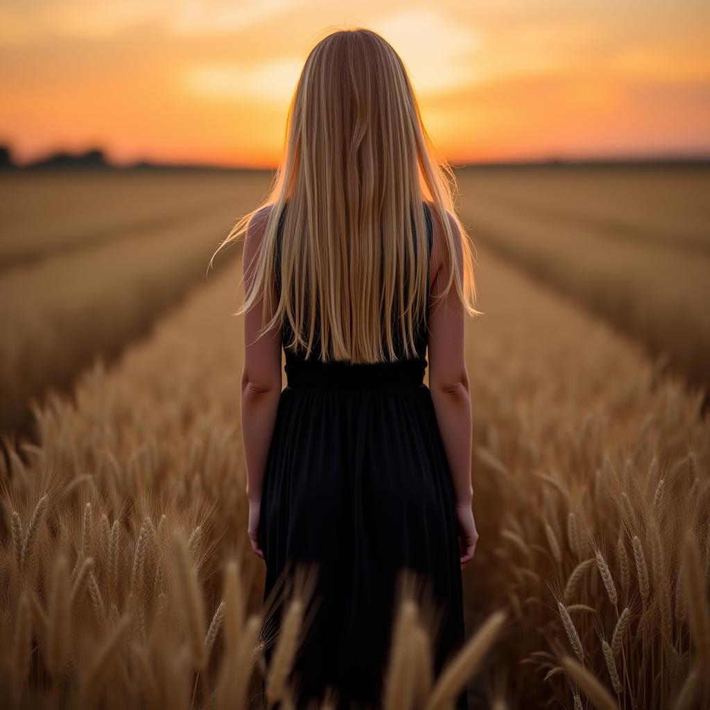  a blonde girl with waist long hair stands in a wheat field, facing away from the camera, wearing a long black dress, with her arms at her sides, against a sunset backdrop.