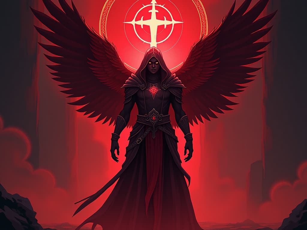  guardian with a radiant aura, standing in a sacred space, energy of protection and responsibility. the style is digital art illustration / modern comic book / graphic dark novel fantasy and mysterious occult, symbolic, moody lighting, esoteric vibe,high detail on character design. for the color scheme emphasize blacks and reds.