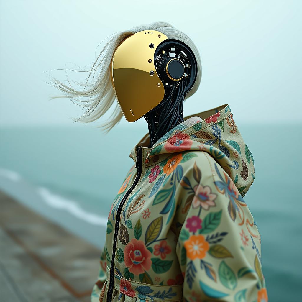  cybernetic robot hdr foto, skinny anorexic female faceless cyborg, (((wires in head mechanical parts ultra reflective pale gold faceplate:1.2))), cyborg decorated with patterns and inscriptions, gold green the gucci's signature colors print gucci raincoat, wind blows white hair, (((horizon line reflected on faceplate, (((mechanical section of the abdomen and waist:1.4)))ultra thin waist and very skinny legs, the wind blows your hair and raincoat, reflect horizon in faceplate, (((tight transparent colors reflected color pvc clothing transparent color vinyl clothing prismatic holographic chromatic aberration short unbuttoned raincoat with print decore glows slightly intricate detail))), on concrete embankment of sea curvy horizon line 