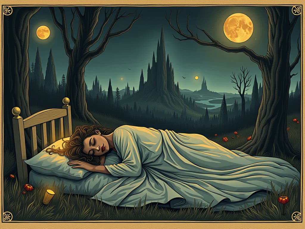  an array of dreamt scenarios, from mystical landscapes to symbolic encounters, surrounding a sleeping person, key elements glowing, illuminating the path. an illustration in the style of a worn, mystical old tarot trump card, mysterious and elements of surrealism. the colors are muted, somber and eerie, but with contrast bring out an occult and esoteric vibe.