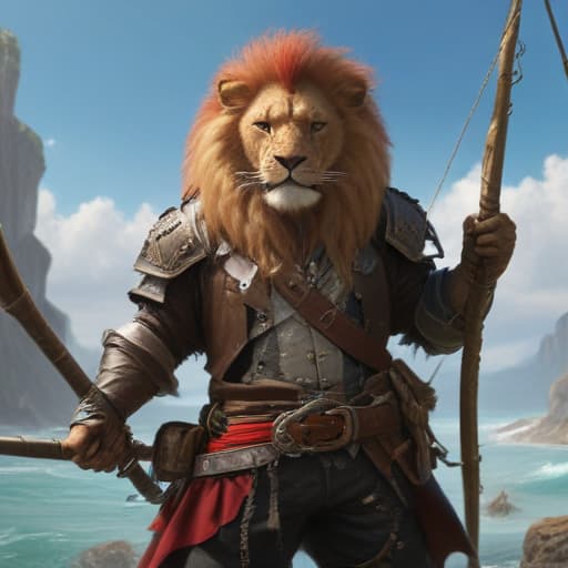 fantasy, art, dnd, roleplaying, ((Half human half lion pirate using a pike))