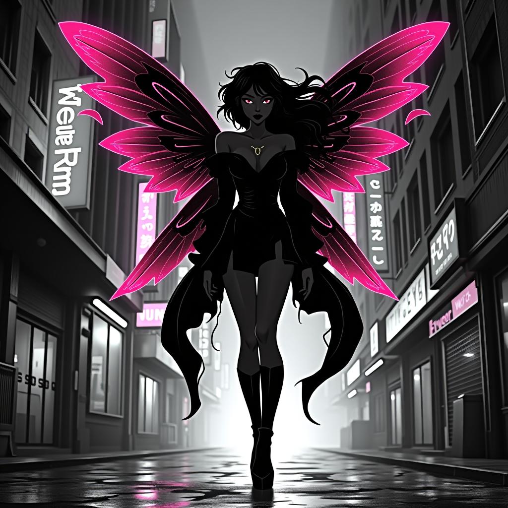  cyberpunk cityscape the black white vector contour of a beautiful and stubborn with wings and a high quality face, the fairy is full of growth in a and model pole, the shoes in very high beds, in a short dress with bright hair wrapped in a coward . neon lights, dark alleys, skyscrs, futuristic, vint colors, high contrast, highly detailed hyperrealistic, full body, detailed clothing, highly detailed, cinematic lighting, stunningly beautiful, intricate, sharp focus, f/1. 8, 85mm, (centered image composition), (professionally color graded), ((bright soft diffused light)), volumetric fog, trending on instagram, trending on tumblr, HDR 4K, 8K