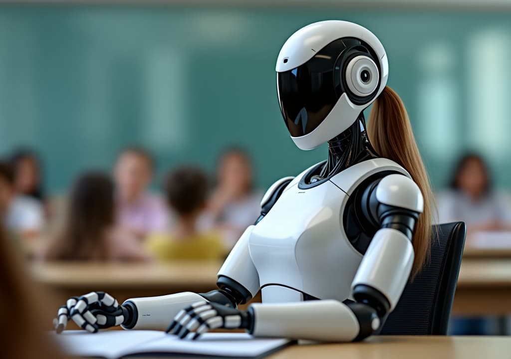  portrait of a female robot teacher in the classroom.