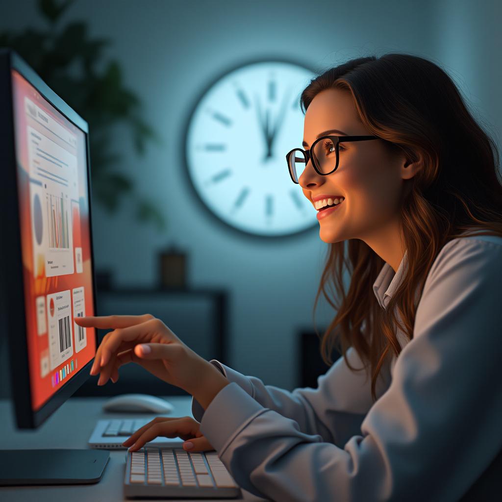  create a high quality, photorealistic image that vividly depicts the following scene: a frame of a young professional woman, her face a mask of horror as she stares at her computer screen, realization dawning in her wide, hazel eyes. the glow of the gmail interface reflects off her square rimmed glasses. her office surroundings fade in the background, a symphony of grays and whites, while a ticking analog clock on the wall behind her underlines the urgency of the situation. with a quick and decisive movement, she presses a key and her face relaxes immediately into a warm, relieved smile. the shot emphasizes the cinematic contrast between tension and relief; canon eos r5, zeiss otus 1.4/55, f/1.4, iso 1000, 1/125s, hdr, raw, unedited.  hyperrealistic, full body, detailed clothing, highly detailed, cinematic lighting, stunningly beautiful, intricate, sharp focus, f/1. 8, 85mm, (centered image composition), (professionally color graded), ((bright soft diffused light)), volumetric fog, trending on instagram, trending on tumblr, HDR 4K, 8K