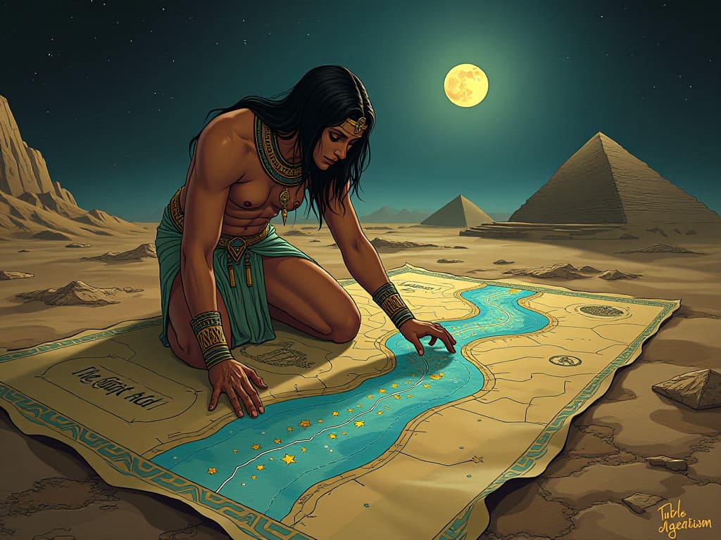  celestial river and stars on papyrus, large busted figure in sheer attire placing stars on a map, laying foundations under the moonlight, symbolizing future creation. the style is digital art illustration / modern comic book / mysterious occult, symbolic, esoteric vibe,high detail on character design, incorporating ancient egyptian symbology and attire.