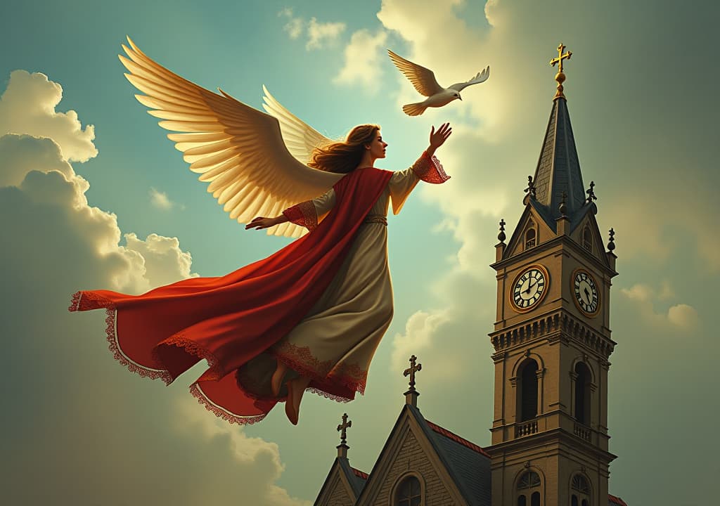  gypsy girl flying over cathedral with wings of dove with text "michalina flying high"