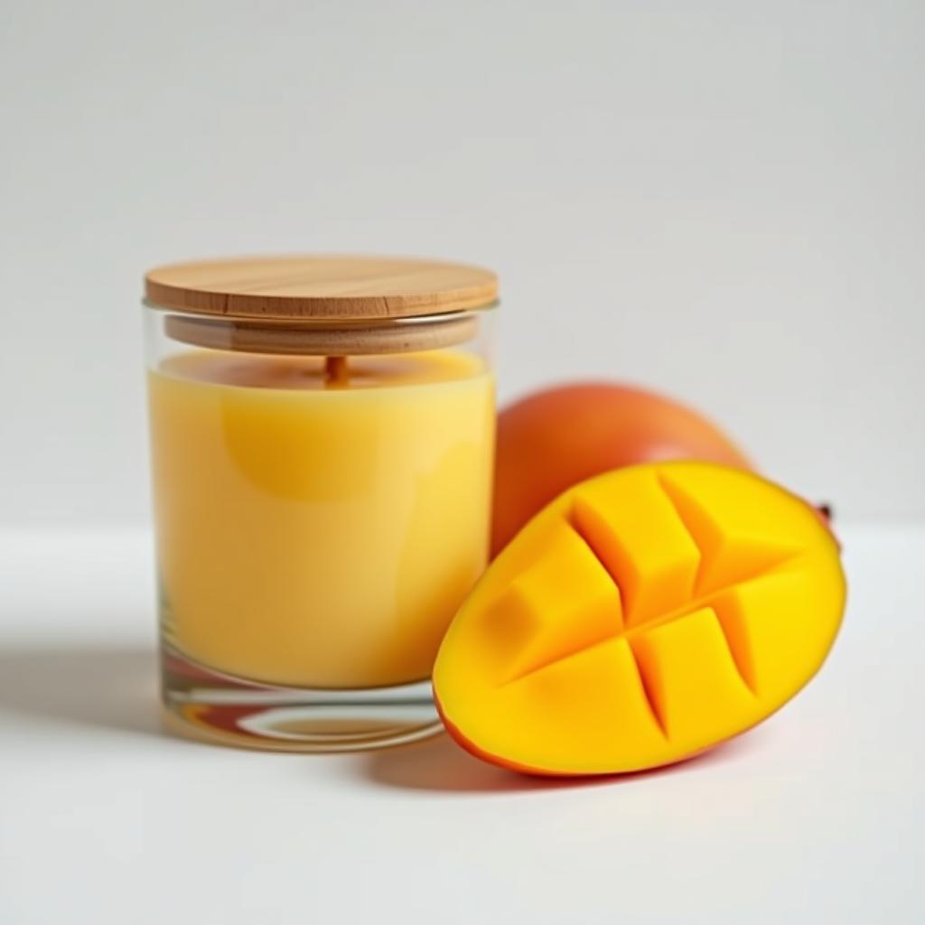  you are a professional photographer. take a photo of a candle in a 200 ml glass cup with a flat wooden wick, topped with a bamboo lid, on a white background next to beautifully sliced ripe mango.