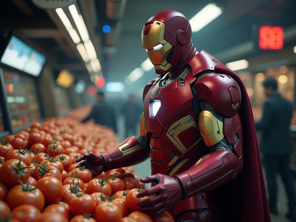  thanos in iron man suit buying tomatoes hyperrealistic, full body, detailed clothing, highly detailed, cinematic lighting, stunningly beautiful, intricate, sharp focus, f/1. 8, 85mm, (centered image composition), (professionally color graded), ((bright soft diffused light)), volumetric fog, trending on instagram, trending on tumblr, HDR 4K, 8K