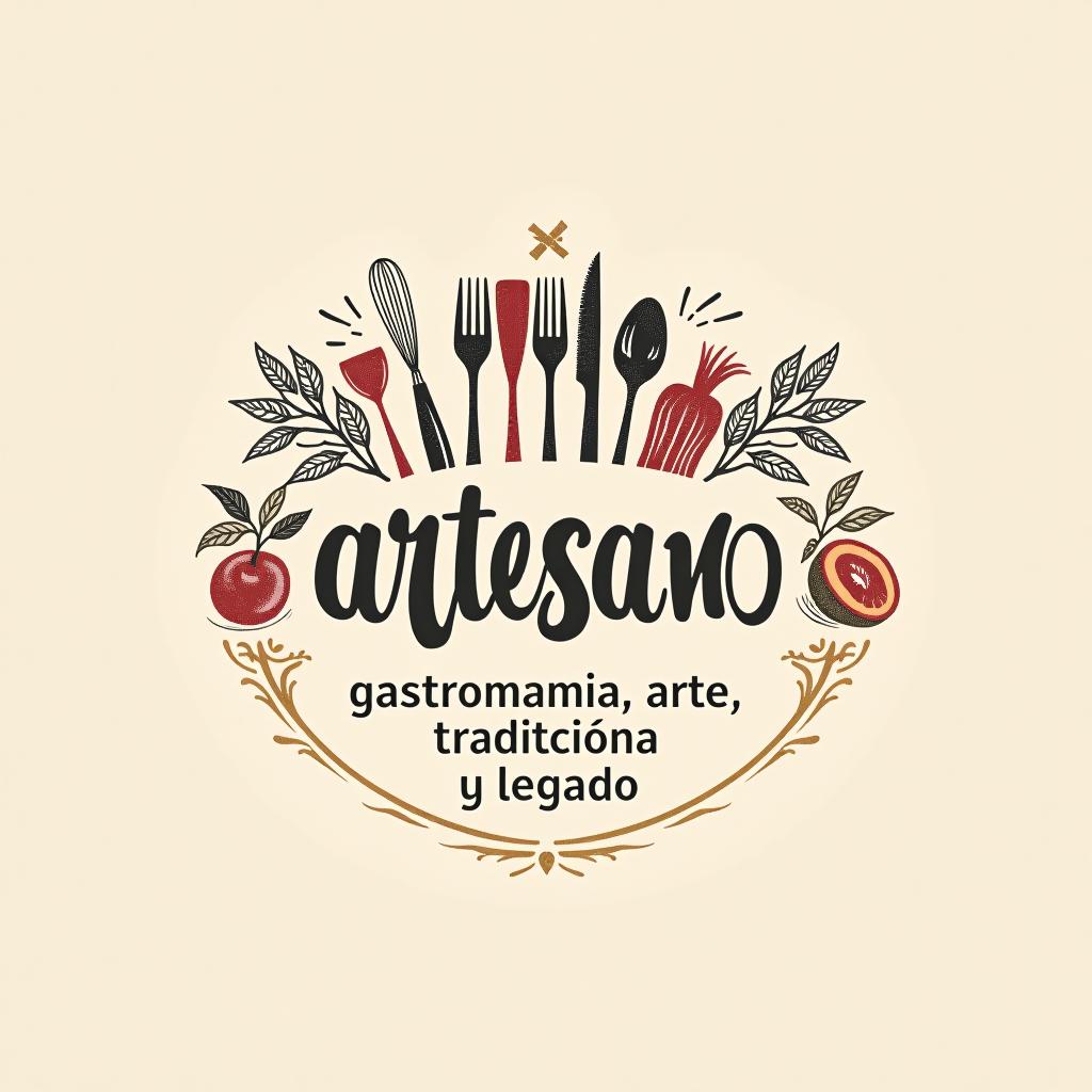  design a logo, in a pencil style. nombré de la marca “artesano” fondo con tonos claros, diseño elegante y simple con elementos de gastronomía y repostería , with the text 'gastronomía, arte, tradición y legado'.