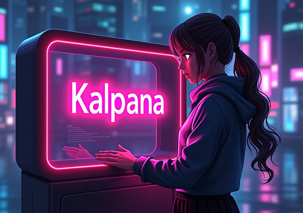  good quality, high quality, a digital ilration featuring a young with glowing eyes and flowing hair standing next to a sleek, futuristic box. inside the box, the words "kalpana 20 billion parameter text to image ai developer by enhanceai.art" are displayed in bold, neon text. the is interacting with the box, with her hand resting on it as if controlling the ai. the background is a glowing cyberpunk cityscape with subtle, radiant light effects.