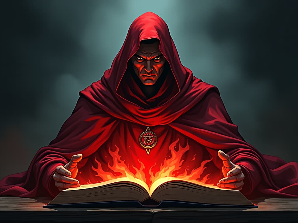  red clad figure, determined expression, standing before an open book, glowing pages, mood of renewed vigor and commitment. the style is digital art illustration / modern comic book / graphic dark novel fantasy and mysterious occult, symbolic, moody lighting, esoteric vibe,high detail on character design. for the color scheme emphasize blacks and reds.