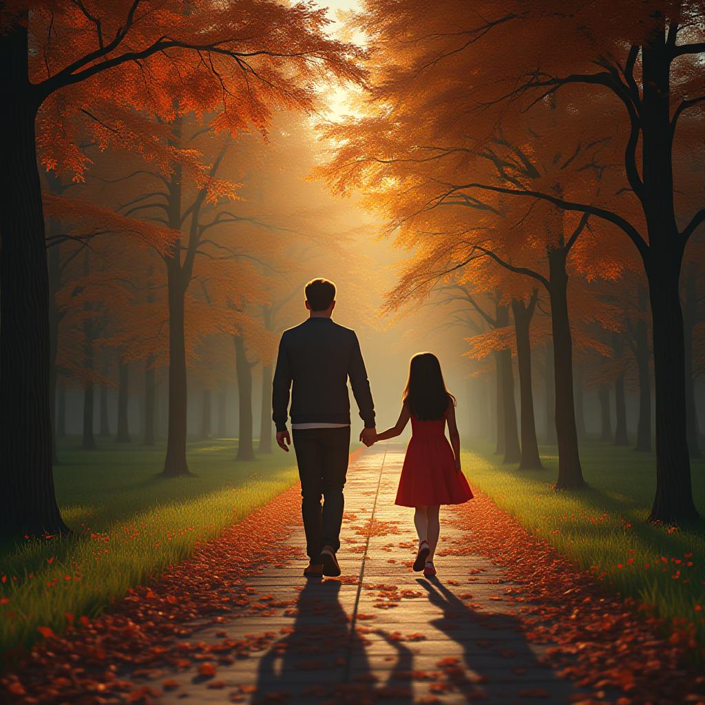  hyperrealistic art autumn park. lights. a girl and a man walk the path holding hands. . extremely high resolution details, photographic, realism pushed to extreme, fine texture, incredibly lifelike