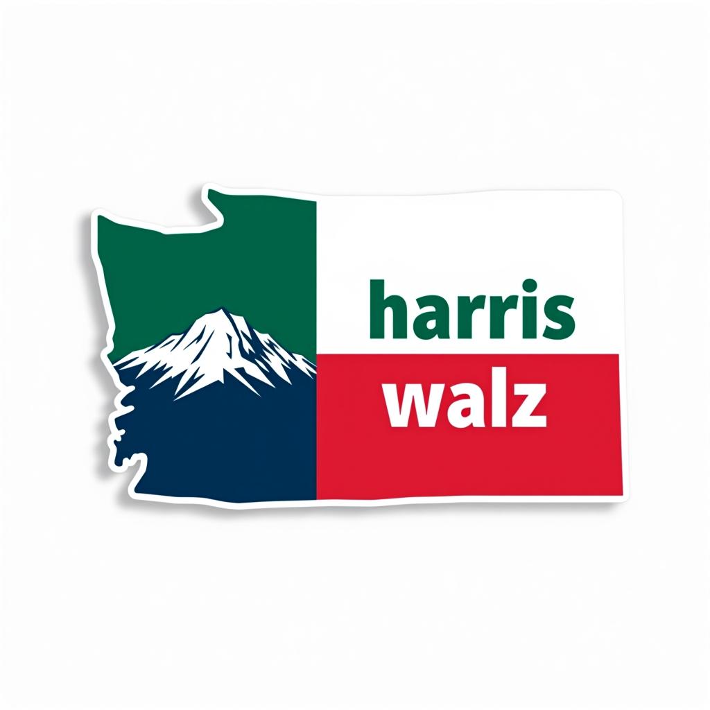  a tshirt design inspired by the washington state flag. the left side features a green vertical stripe with a large mountain in the center. the right side is divided into two horizontal sections: the top section is white with the text 'washington for' in bold, green, uppercase letters, and the bottom section is red with the text 'harris walz' in bold, white, uppercase letters. the overall layout is clean and straightforward, with a clear and patriotic color scheme of blue, white, and red.